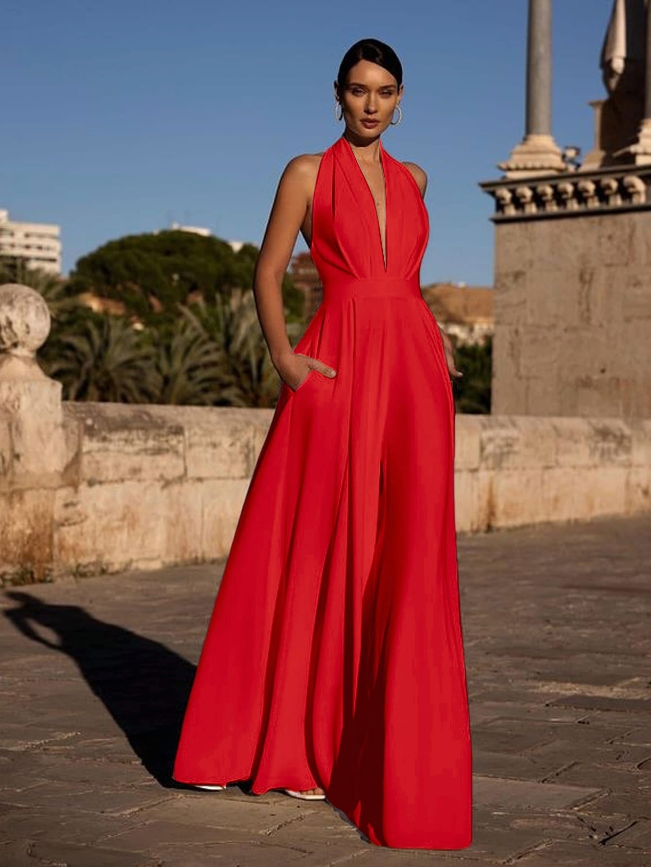 Elegant Halter V-Neck Wide Leg Jumpsuit with Pockets