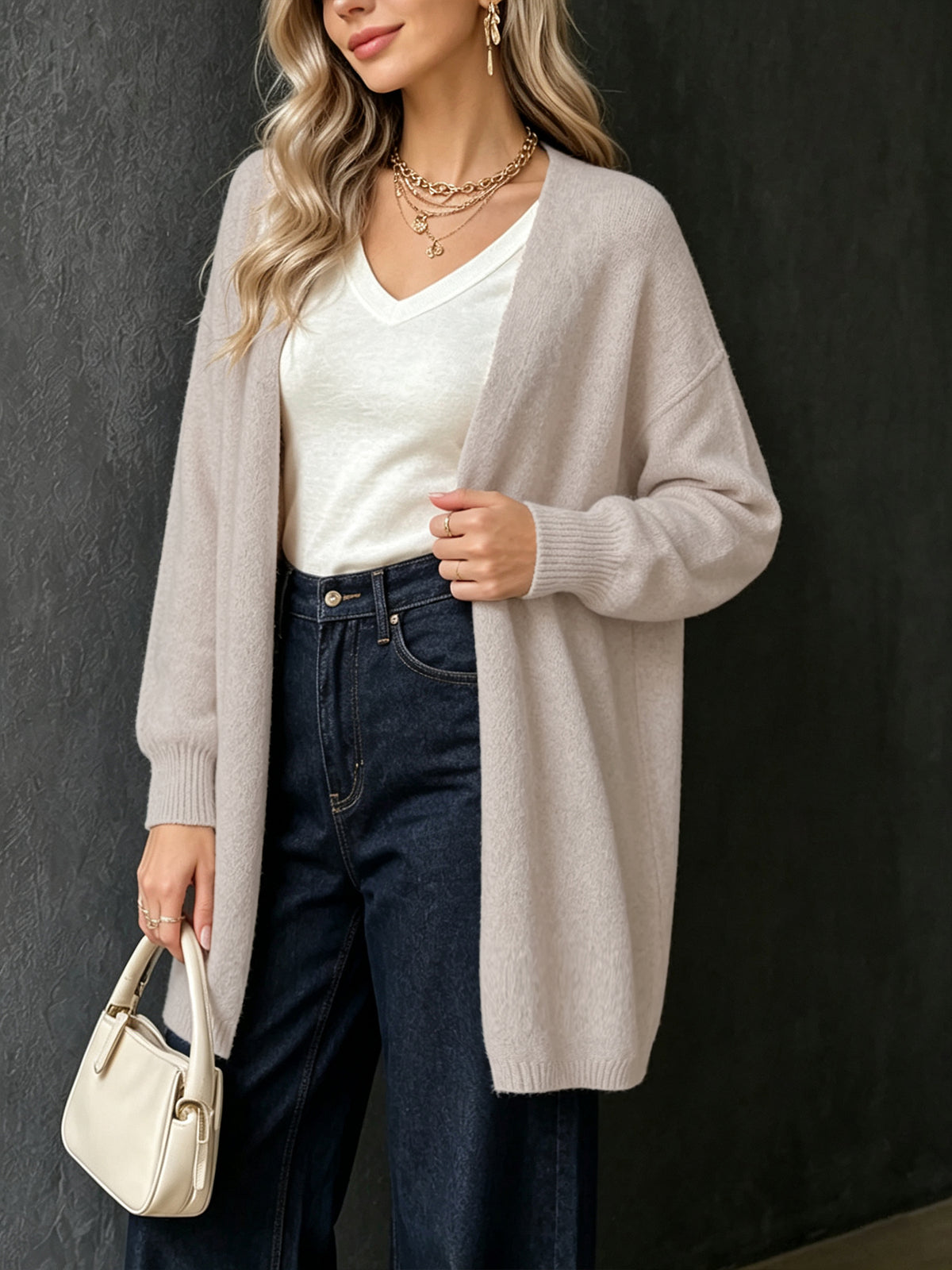 Casual Oversized Long Sleeve Knit Cardigan, Women Soft Deer Fleece Mid-length Open Front Sweater Outwear for Spring Fall