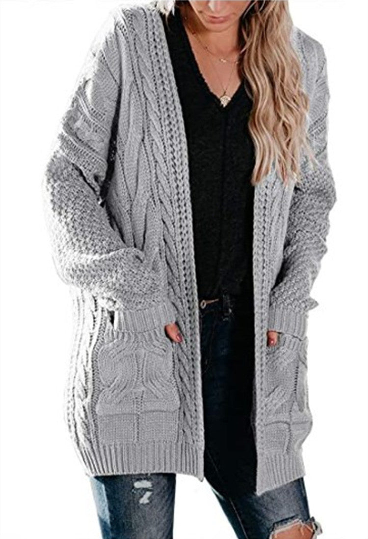 Women's Mid-length Twist Pocket Knitted Cardigan Sweater