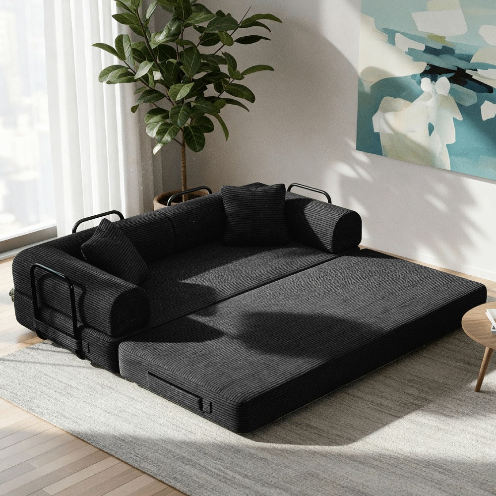 Modular L-shaped chaise longue sofa bed with deep seat and corduroy upholstery