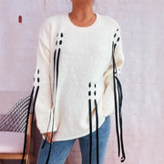 Handmade Lace-up Knitted Round Neck Long Sleeve Loose Sweater