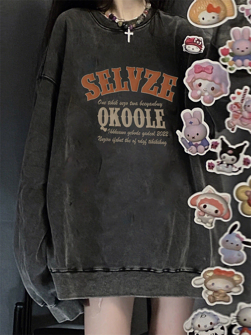 Retro Distressed Washed Cotton Women's Pullover Sweater