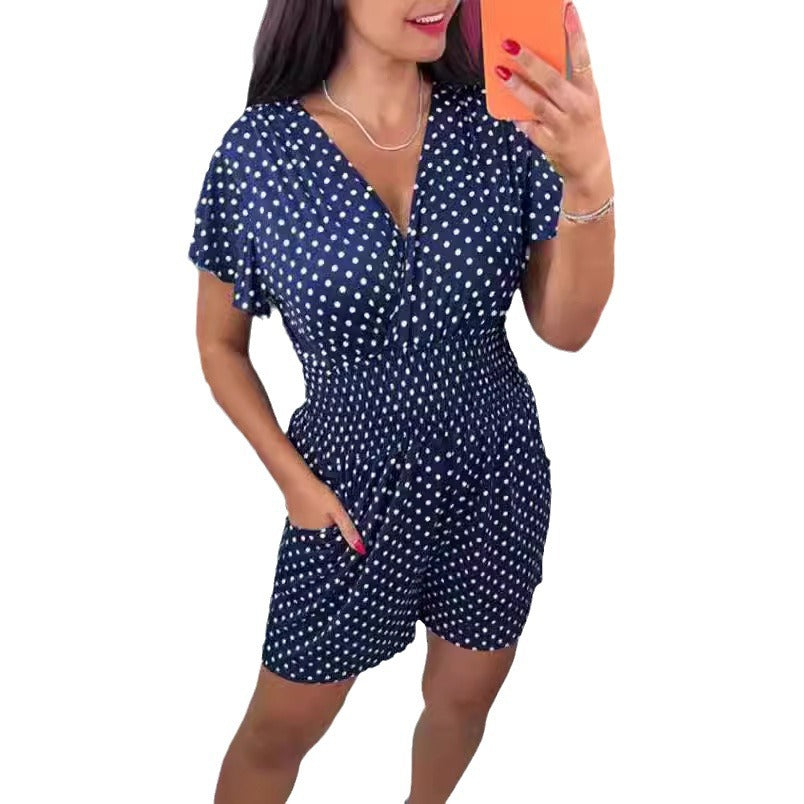 Polka Dot V-neck Short-sleeved One-piece Shorts