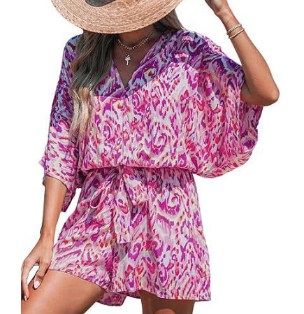 Women's V-Neck Lace-Up Batwing Jumpsuit