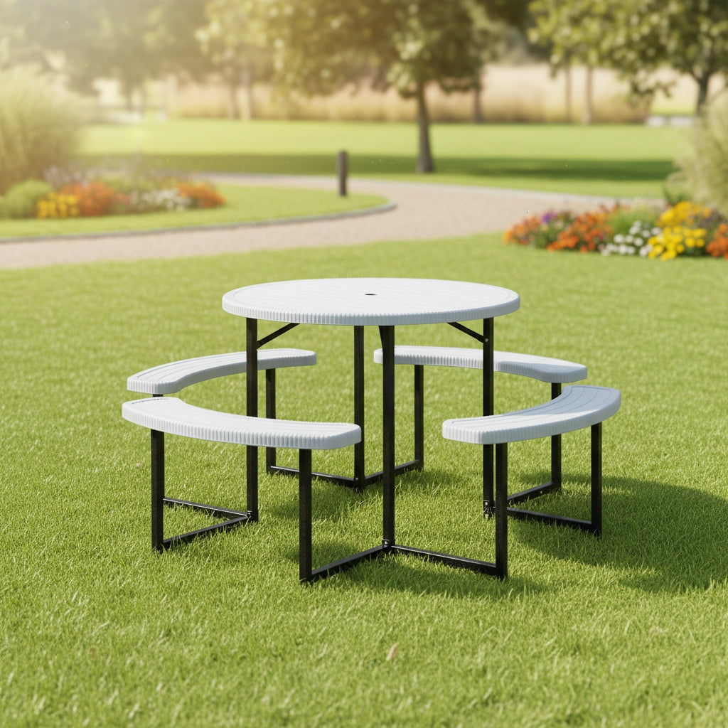 8-Person Round Picnic Table Set, 37-Inch Outdoor Dining Table with 4 Curved Benches And Umbrella Hole, HDPE Top And Metal Frame, Circular Patio Camping Table for Backyard, Garden, Lawn, Porch