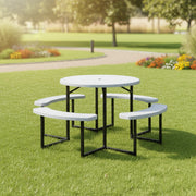 8-person round picnic table set with HDPE top and metal frame