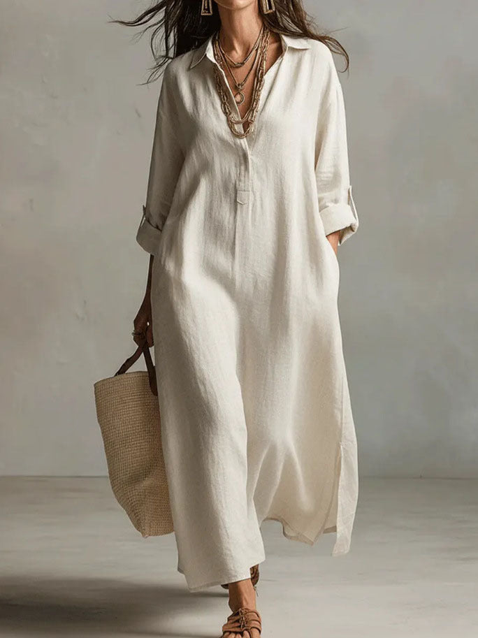 Chic French-Style Solid Long-Sleeve Shirt Dress