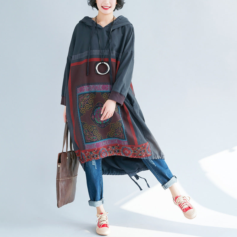 Gradient Print Loose Hooded Sweatshirt Dress