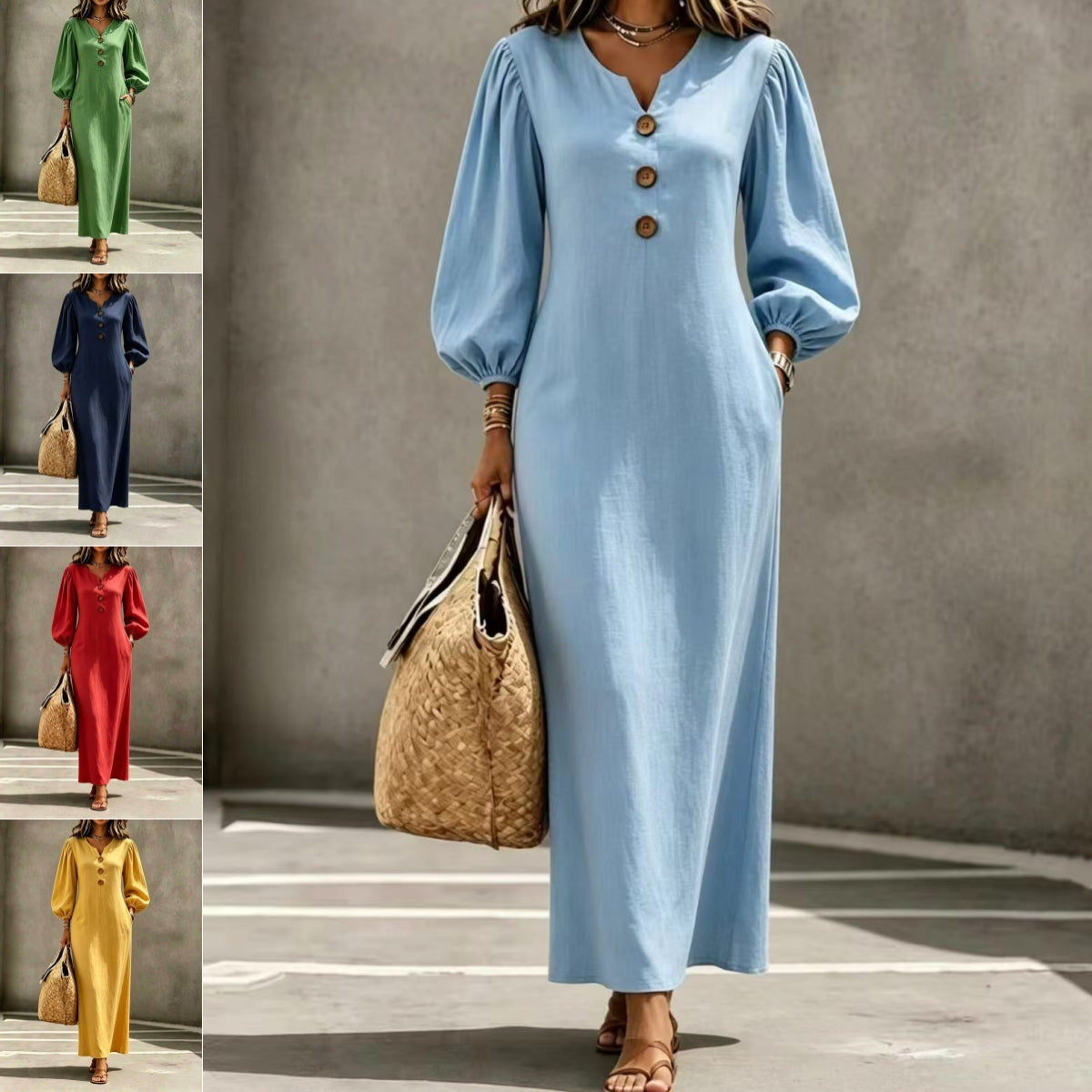 Casual V-neck Buttoned Long Dersses for Women Spring Summer Puff-sleeve A-line Dress for Daily Wear Vacation Outfits