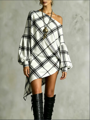 Women's Plaid Off Shoulder Lantern Sleeve Irregular Hem Tunic Mini Dress