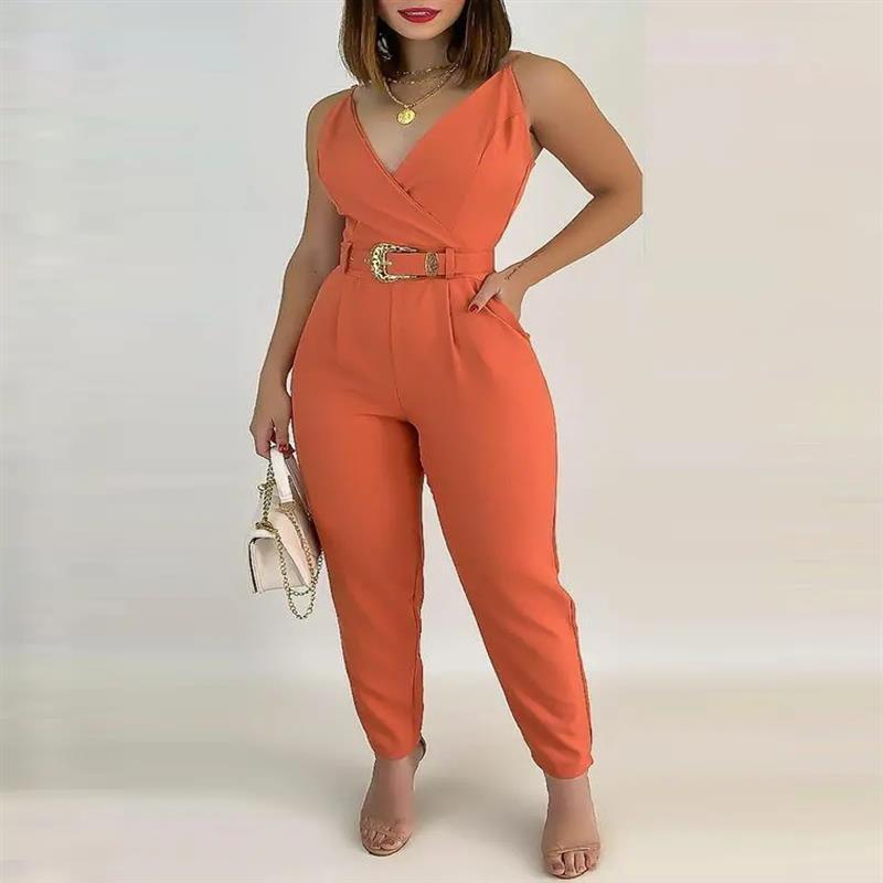 Women's V-Neck Lace-Up Solid Casual Jumpsuit
