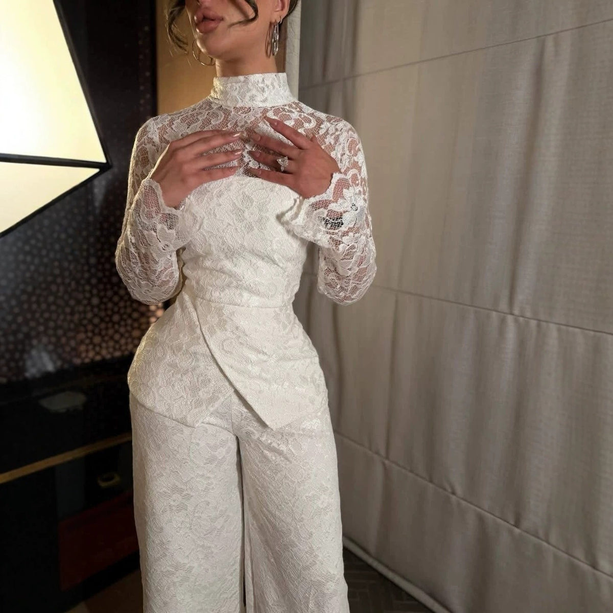 French Lace High-Neck Long Sleeve Jumpsuit