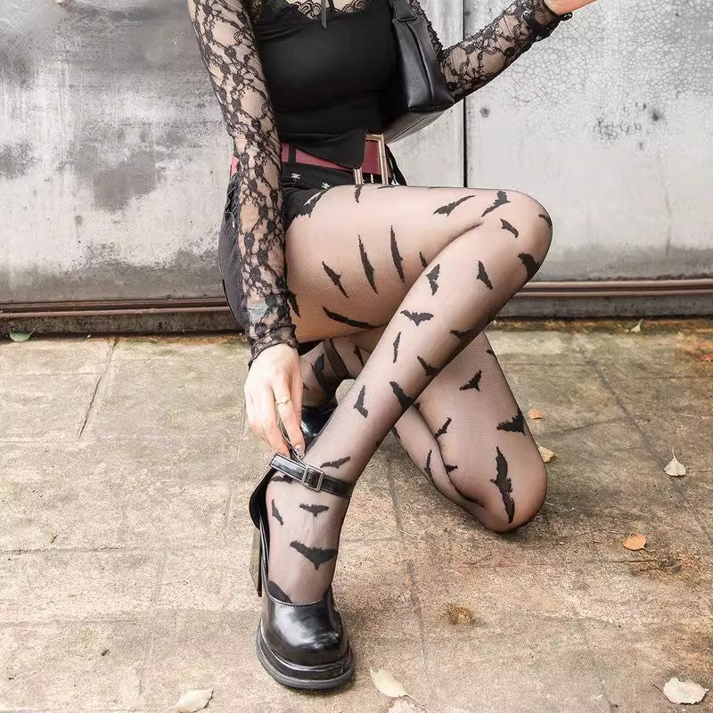 Black Punk Bat Print Opaque Jumpsuit Stockings