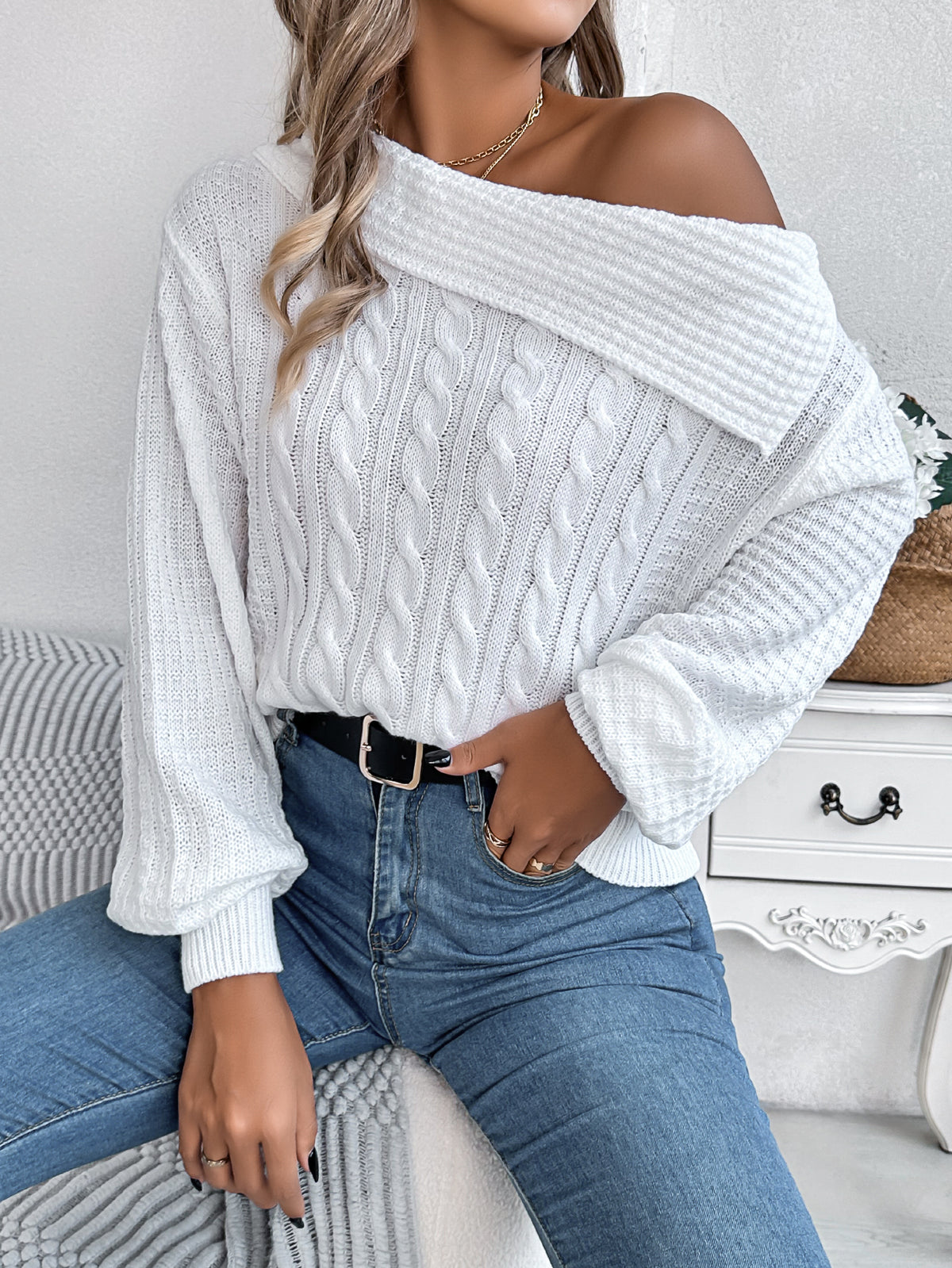 Women Casual Sexy Lapel Off-shoulder Cable Knit Long Sleeve Pullover Sweater