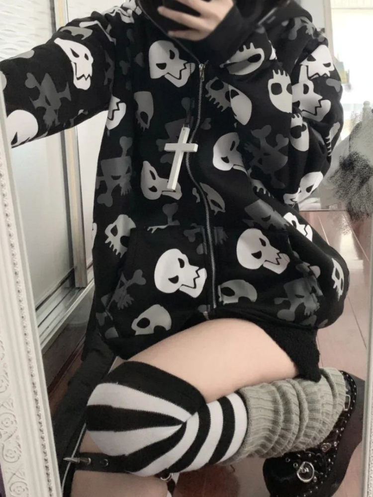 Oversize Skull Zip Hoodie | Edgy Dark Wind Cardigan