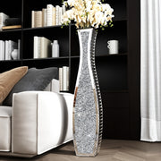 36 inch tall mirrored glass floor vase with crushed diamond pattern