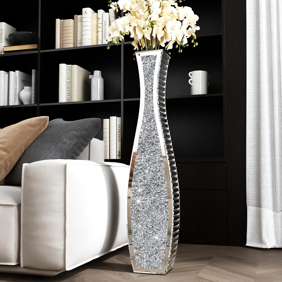 36 inch tall mirrored glass floor vase with crushed diamond pattern