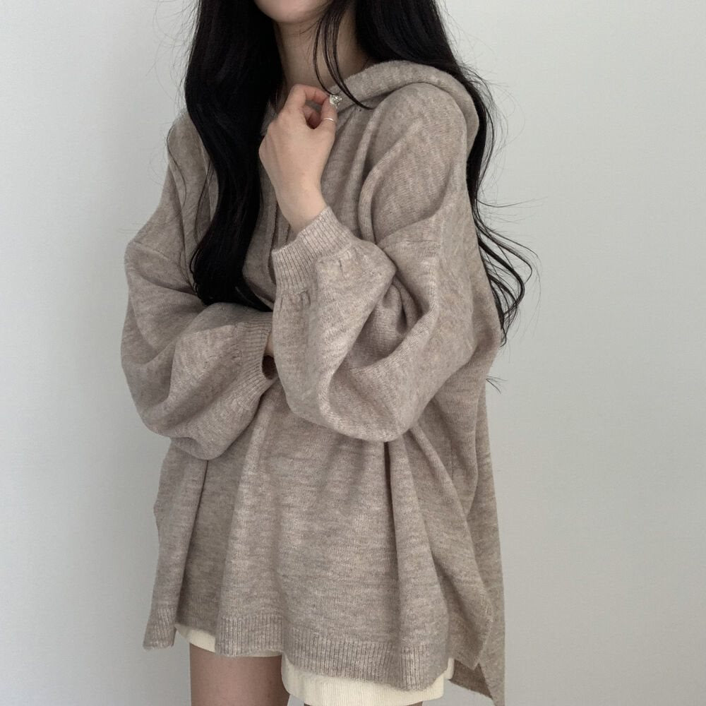Korean-style Relaxed-fit Knitted Hoodie with a Laid-back Vibe and Puffed Sleeves