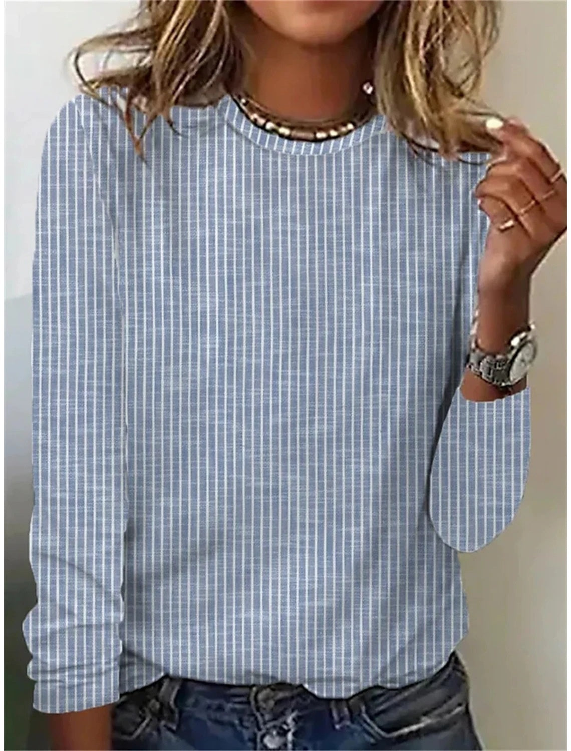 Women's Striped Round Neck Loose Casual Long-Sleeve T-Shirt