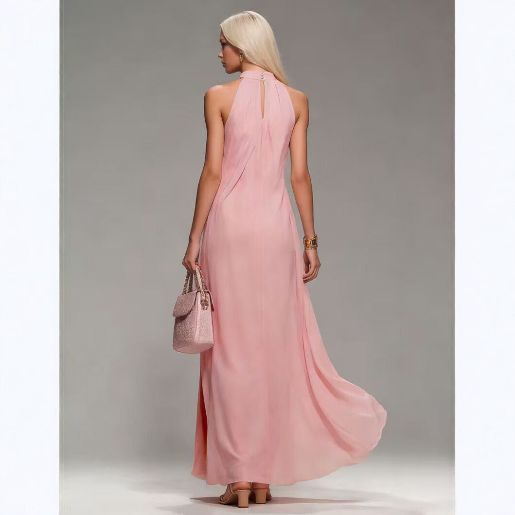 European and Americanstyle Pink Floor-length Dress with a Halter Neck and Open Back, Exuding Feminine Elegance