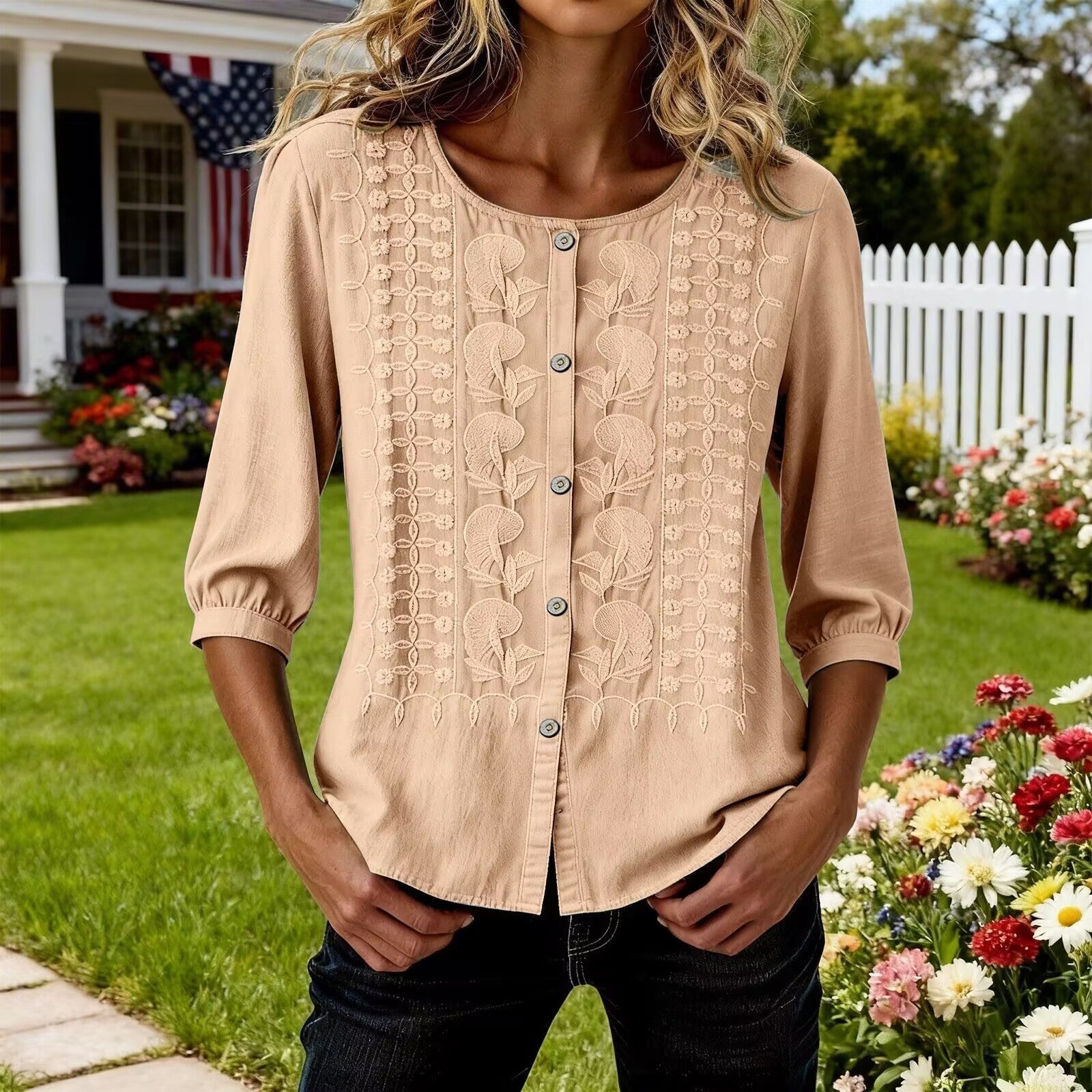 Elegant Cotton-Linen V‑Neck Embroidered Short‑Sleeve Shirt for Women