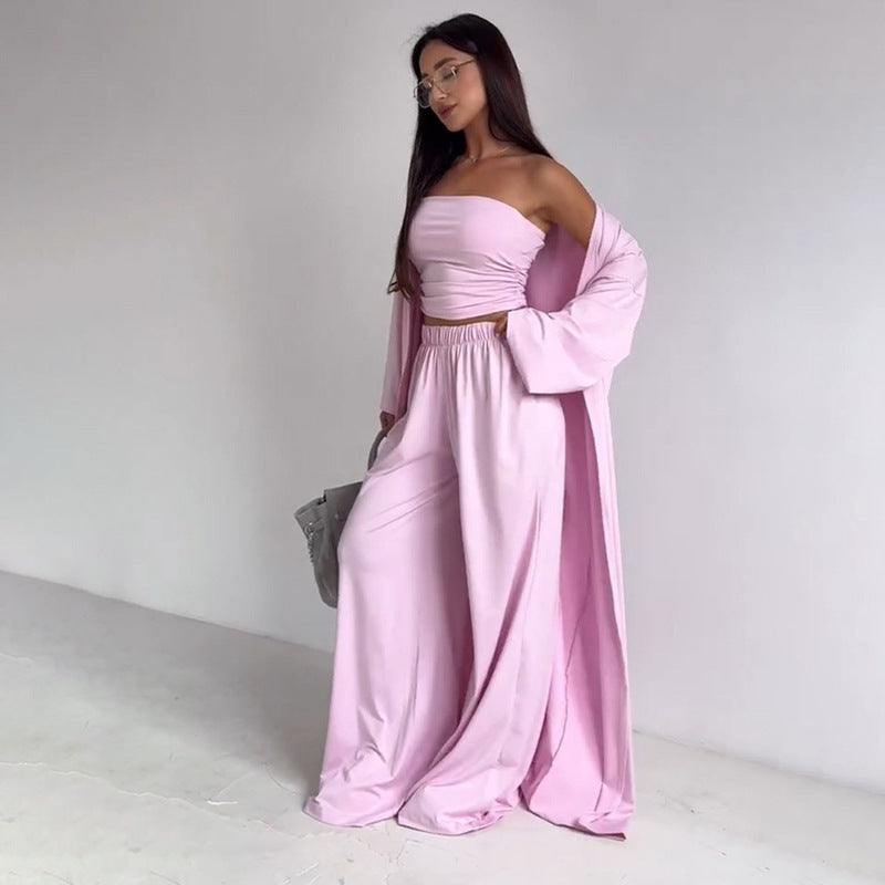 Cross Border European And American Style Women's Fashion Casual Loose Three Piece Set Long Sleeved Cardigan  Pocket Straight Leg Pants  Strapless