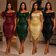 Fashionable and Sexy Off-shoulder Irregular Tassel Dress