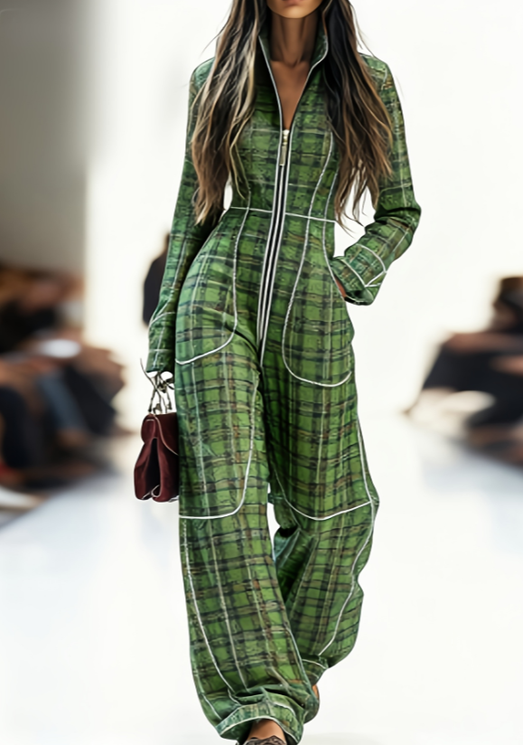 Retro Casual Zippered Long-Sleeve Wide-Leg Jumpsuit