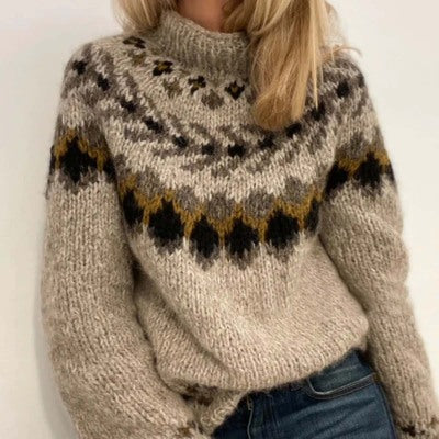 Womens Turtleneck Pullover Sweater with a Printed Design