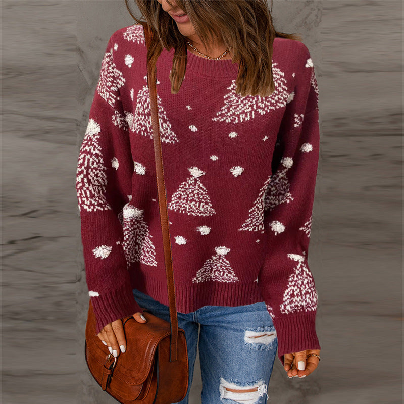 Christmas Sweater Round Neck Long Sleeved Pullover Knitted Jacket for Women