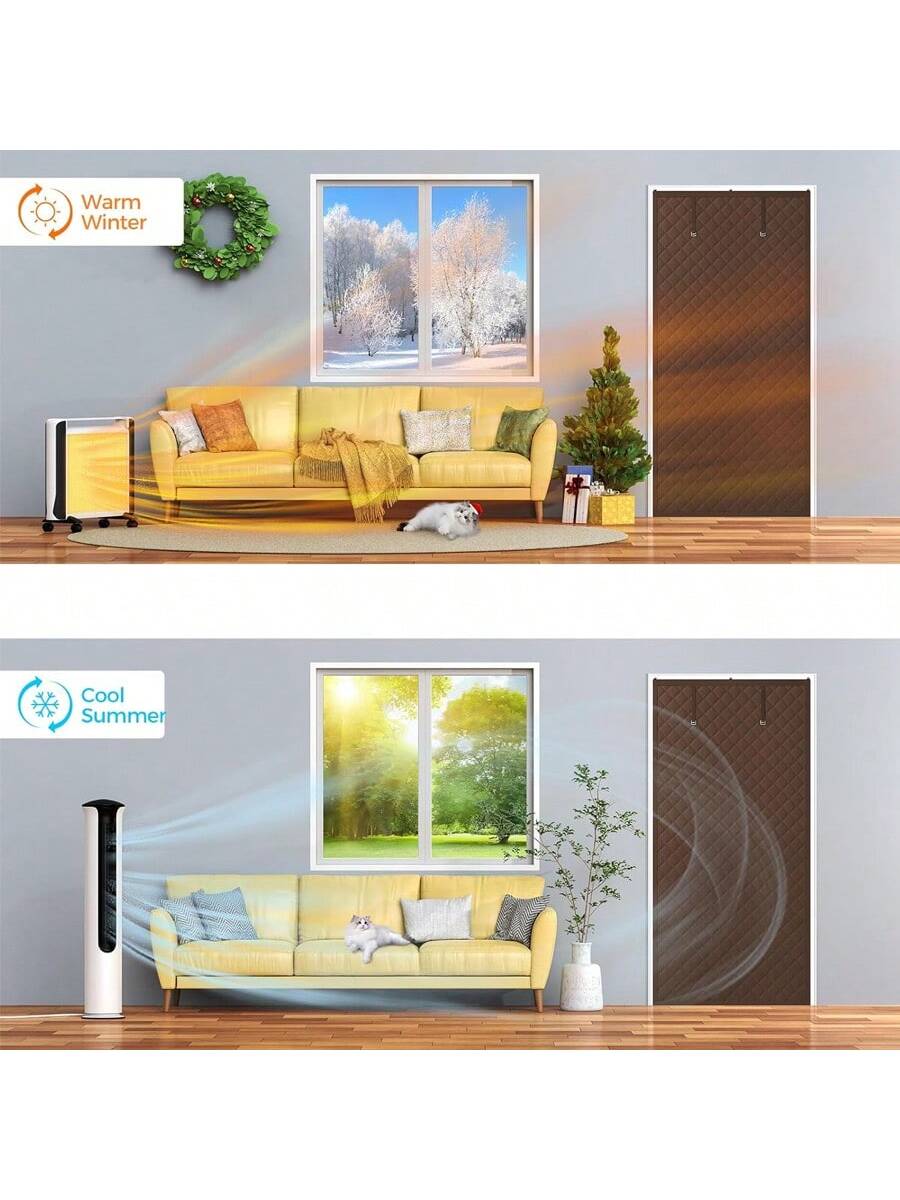 Magnetic Thermal Insulated Door Curtain, Diamond Grid Thick Cotton, Windproof Soundproof Drape, Roll Up Design, Winter Cold Protection