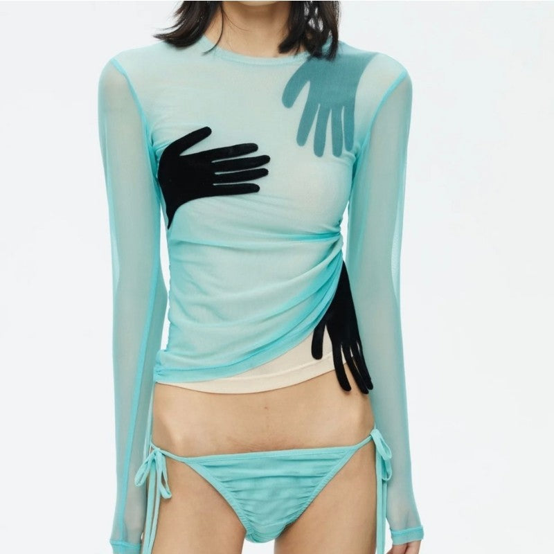 Mesh-panel Long-sleeve Sheer Cropped Top