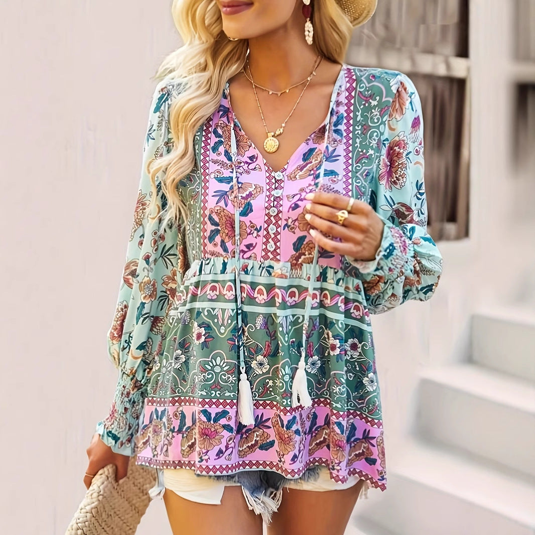 Geometric Lace-Up Puff Sleeve Top – Defined Waist, Fresh Style
