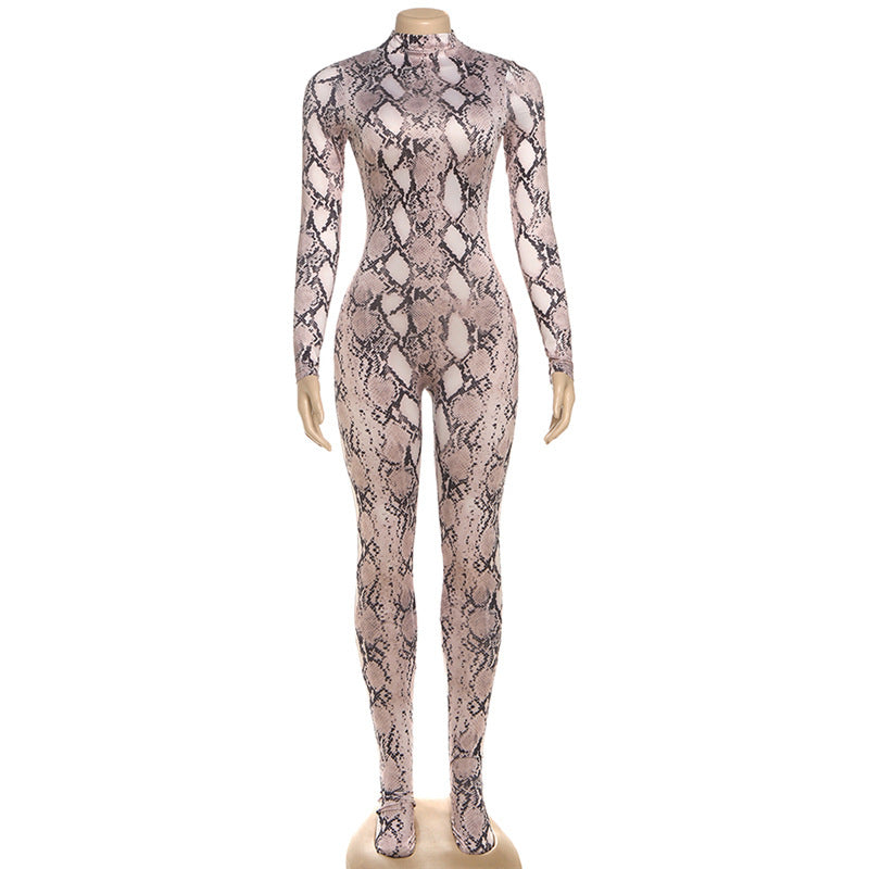 Sexy High-Neck Long-Sleeve Slim Fit Print Jumpsuit