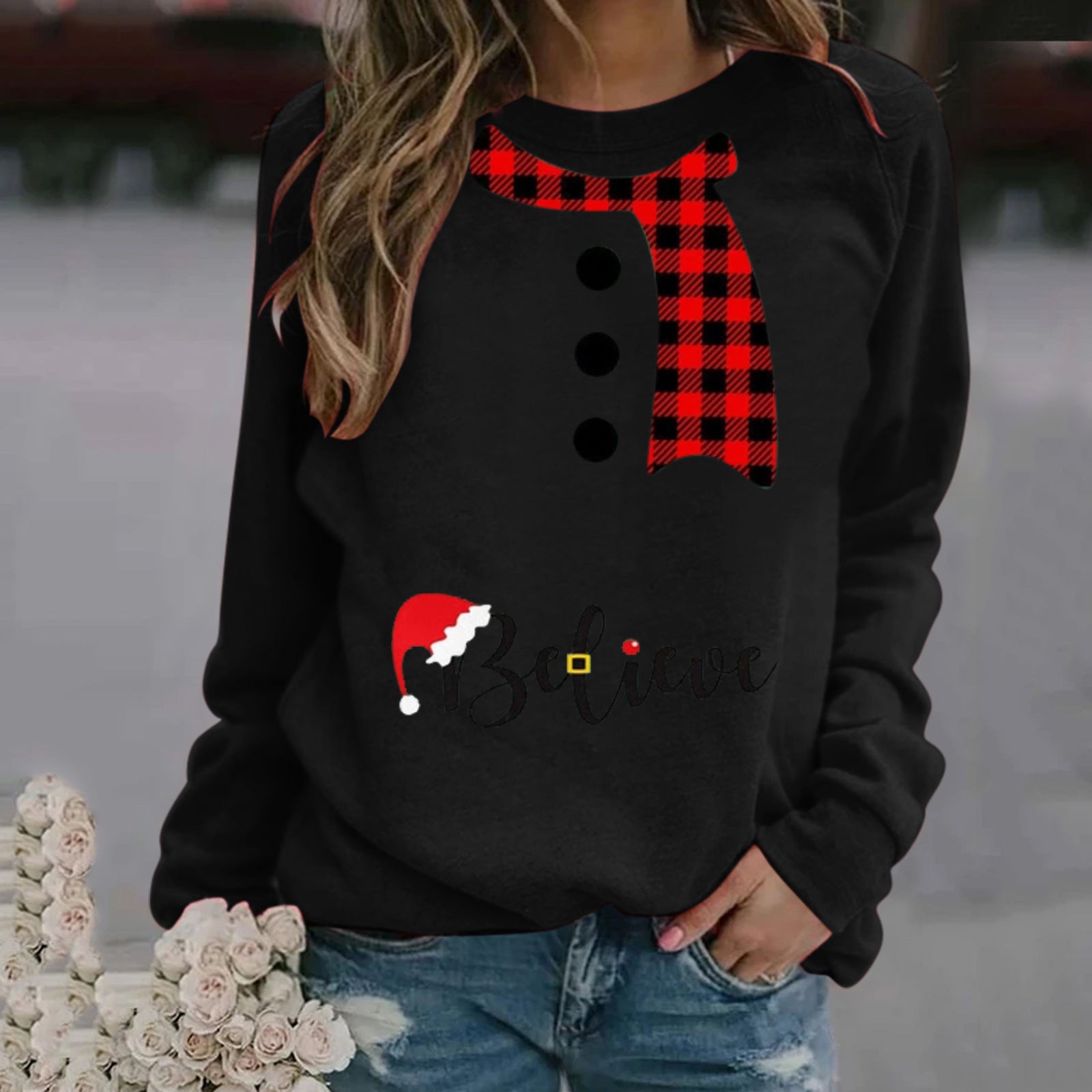 Women's Festive Christmas Print Long Sleeve Crew Neck Sweater