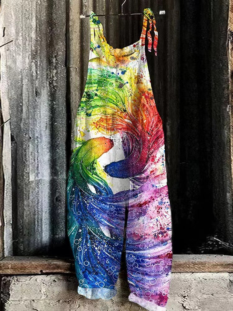 Women's 3D Printed Casual Straight-Leg Jumpsuit Pants