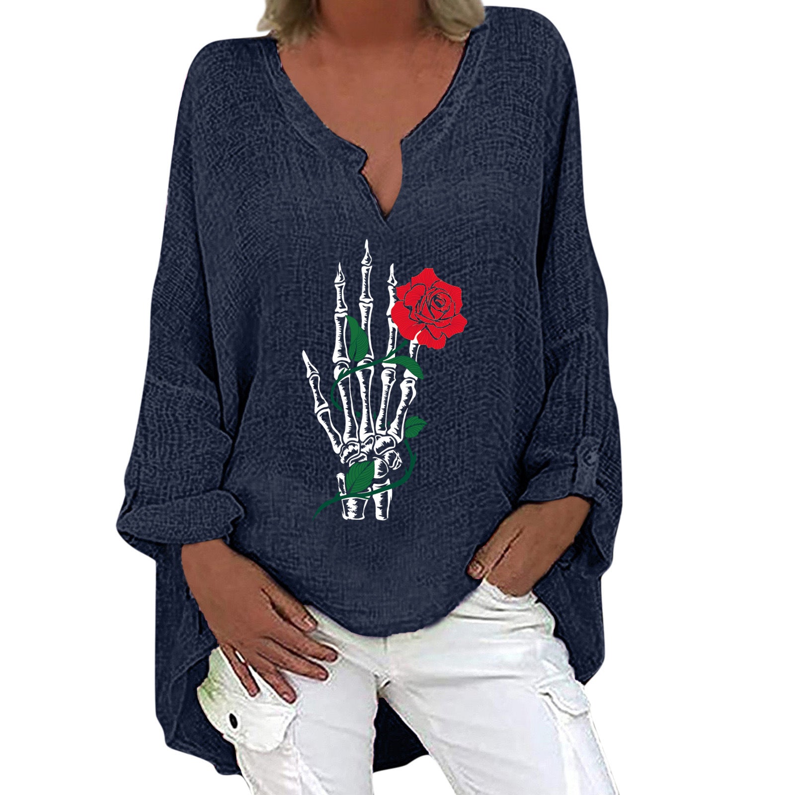 Women's Halloween V-Neck Cotton Linen Long Sleeve Shirt
