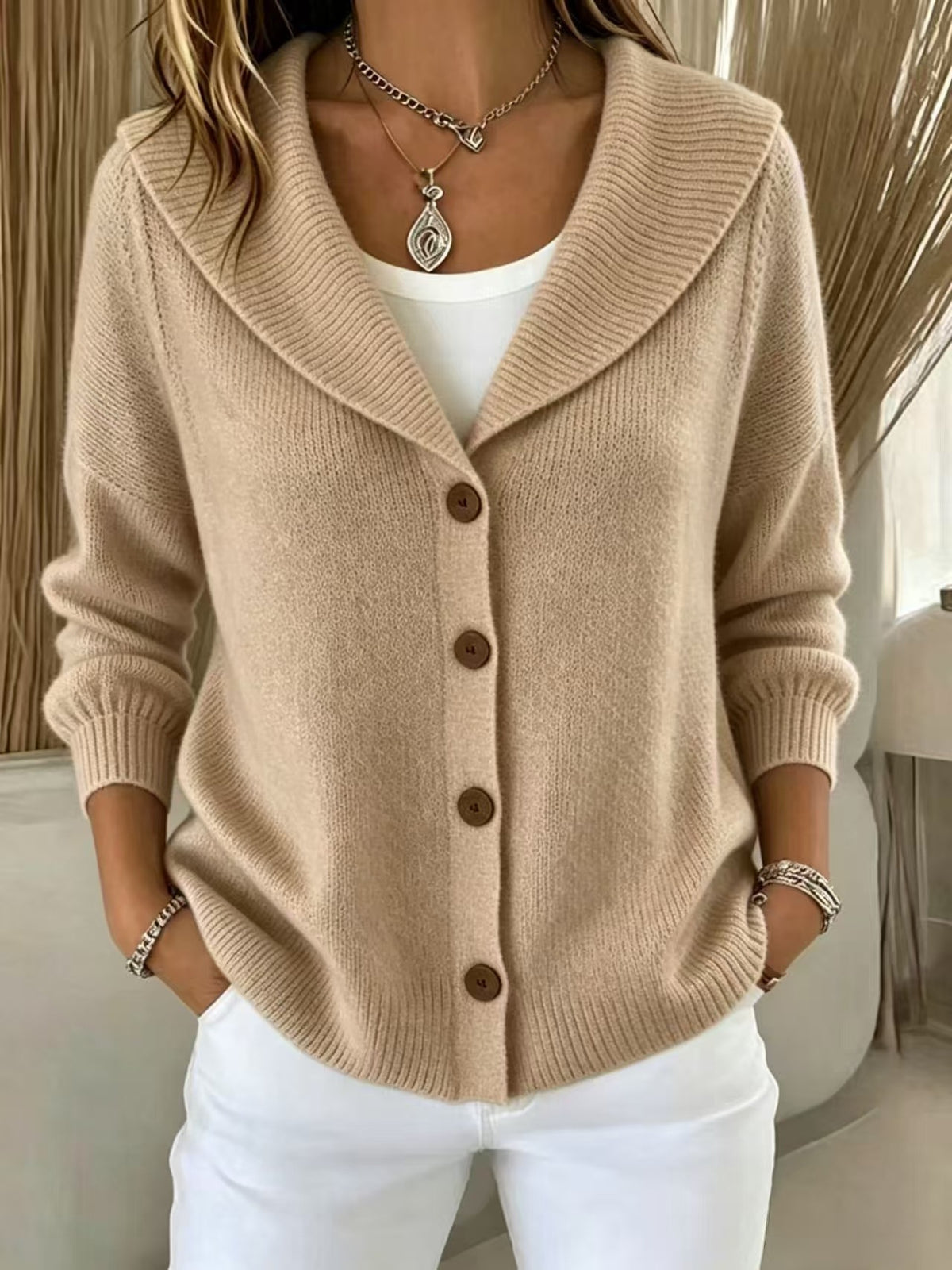 Womens Knitted Button-up Polo-neck Sweater