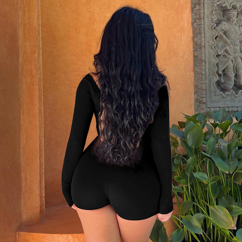 Long Sleeve U Collar Tether Backless High Waist Hip Lifting Sport Yoga Jumpsuit