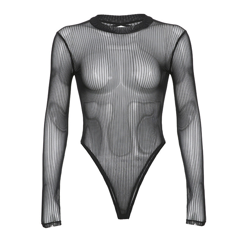 Sheer Mesh Long Sleeve Sexy Romper Bodysuit