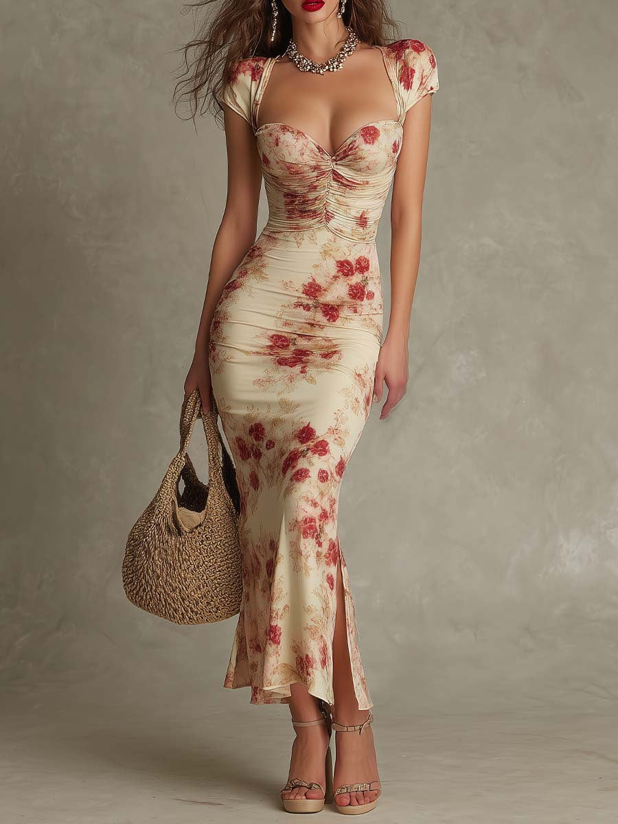 Womens Retro-print Slim-fit Casual Dress