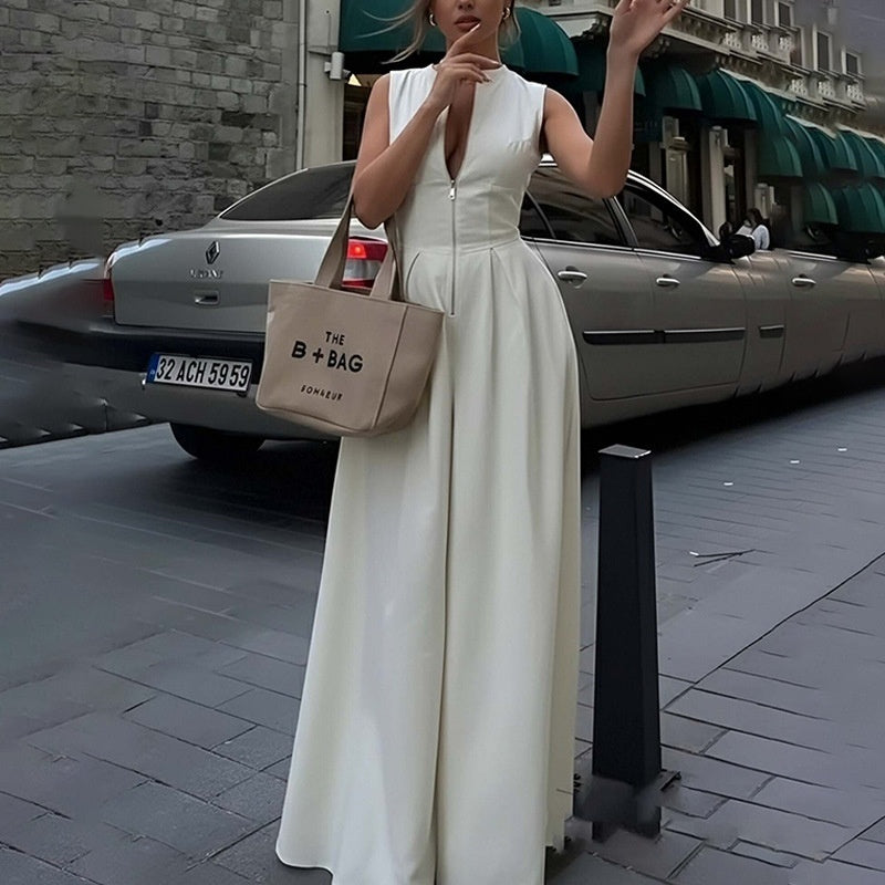 Elegant Solid Zippered Sleeveless Patchwork Jumpsuit