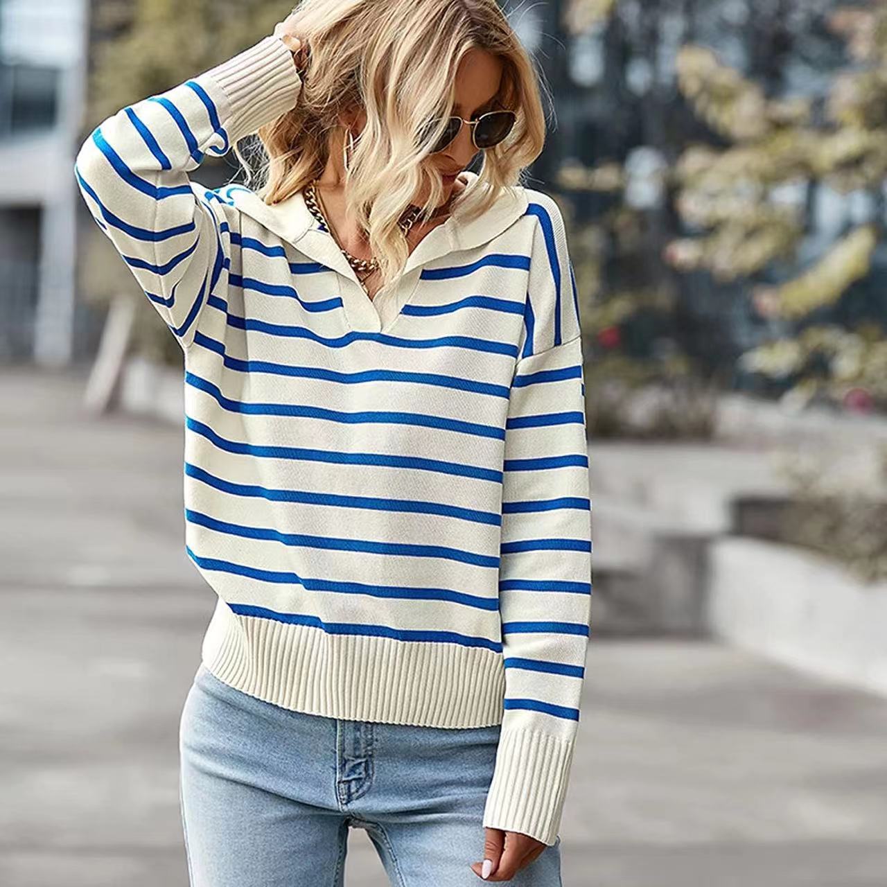 Women's Striped V-Neck Lapel Long Sleeve Casual Sweater