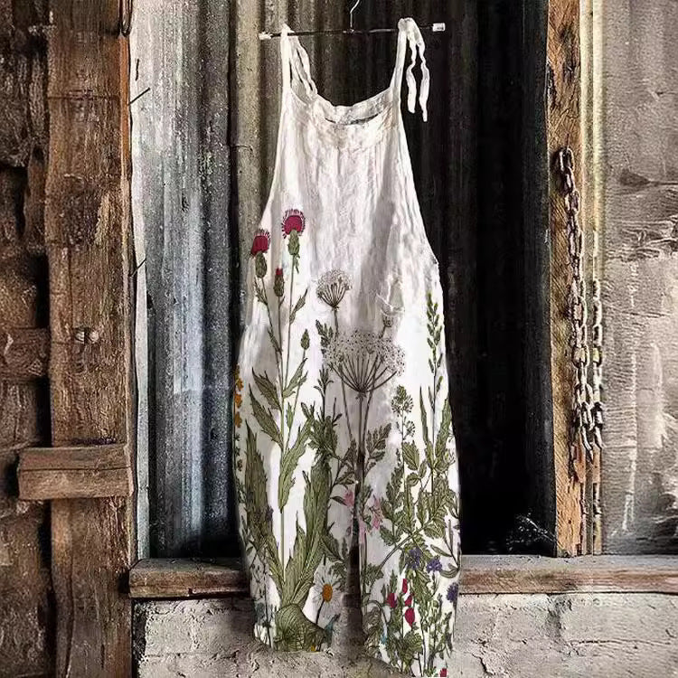 Women's Cotton Linen Suspender Trousers Printed Suspenders Casual Jumpsuit
