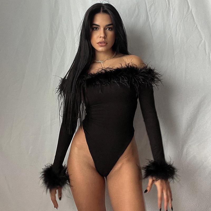 Furry Off-Shoulder Long-Sleeve Jumpsuit
