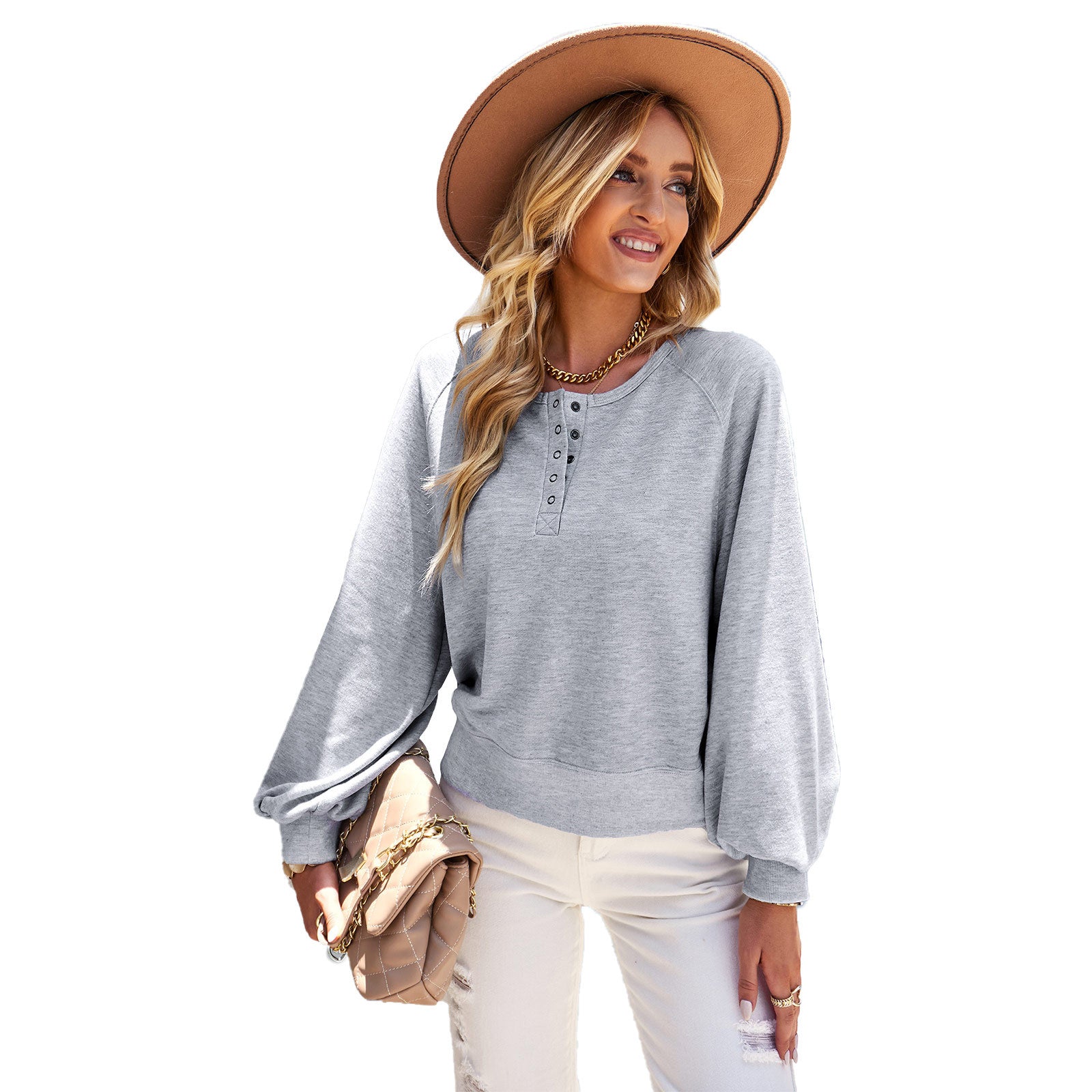 Women's Cozy Solid Color Lantern Sleeve Casual Hoodie Top