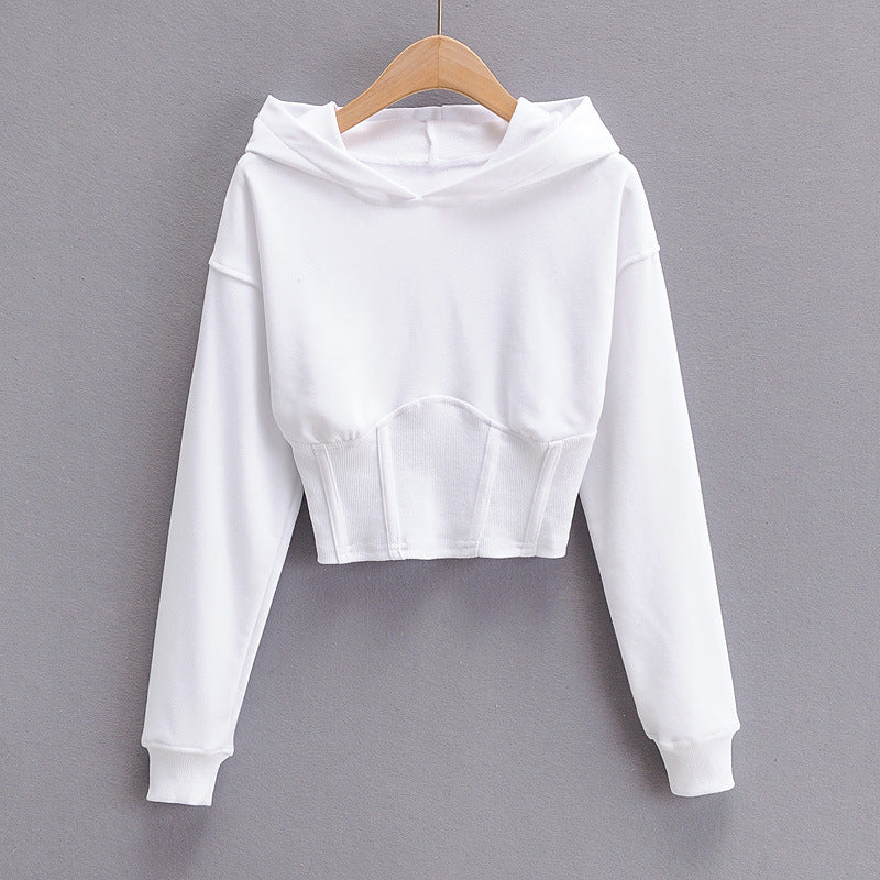 European And American Slim Fitting Navel Solid Hooded Sweater