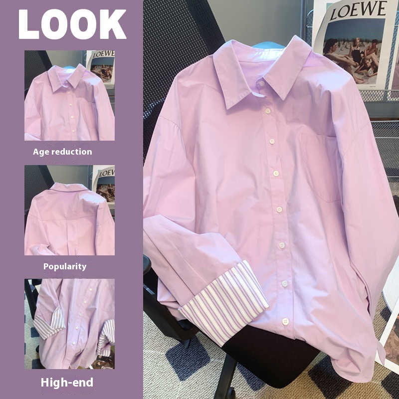 Purple Striped Polo Collar Shirt Women's Long-sleeved Top