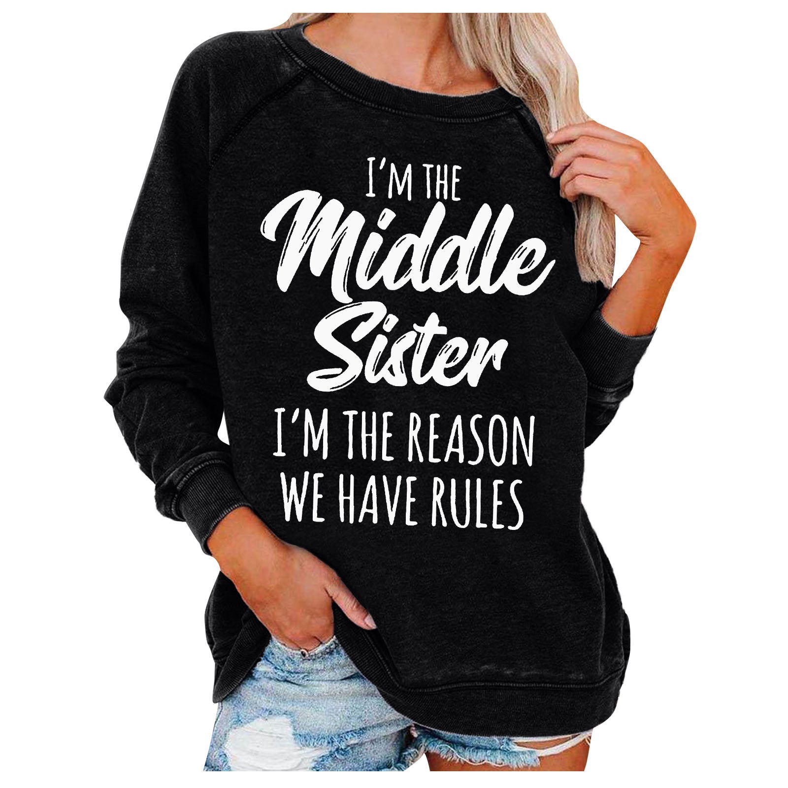 Middle Sister Print Casual Round Neck Pullover Sweater