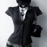 Slim Fit Short Sleeve Polo-Collar Button-Up Cardigan in Black